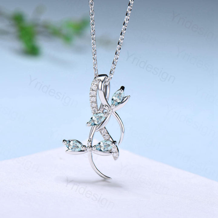 Nature Inspired Aquamarine Necklace Unique Marquise March Birthstone Dragonfly Accompany Necklace Pendant Necklace Unique Anniversary Gift - PENFINE