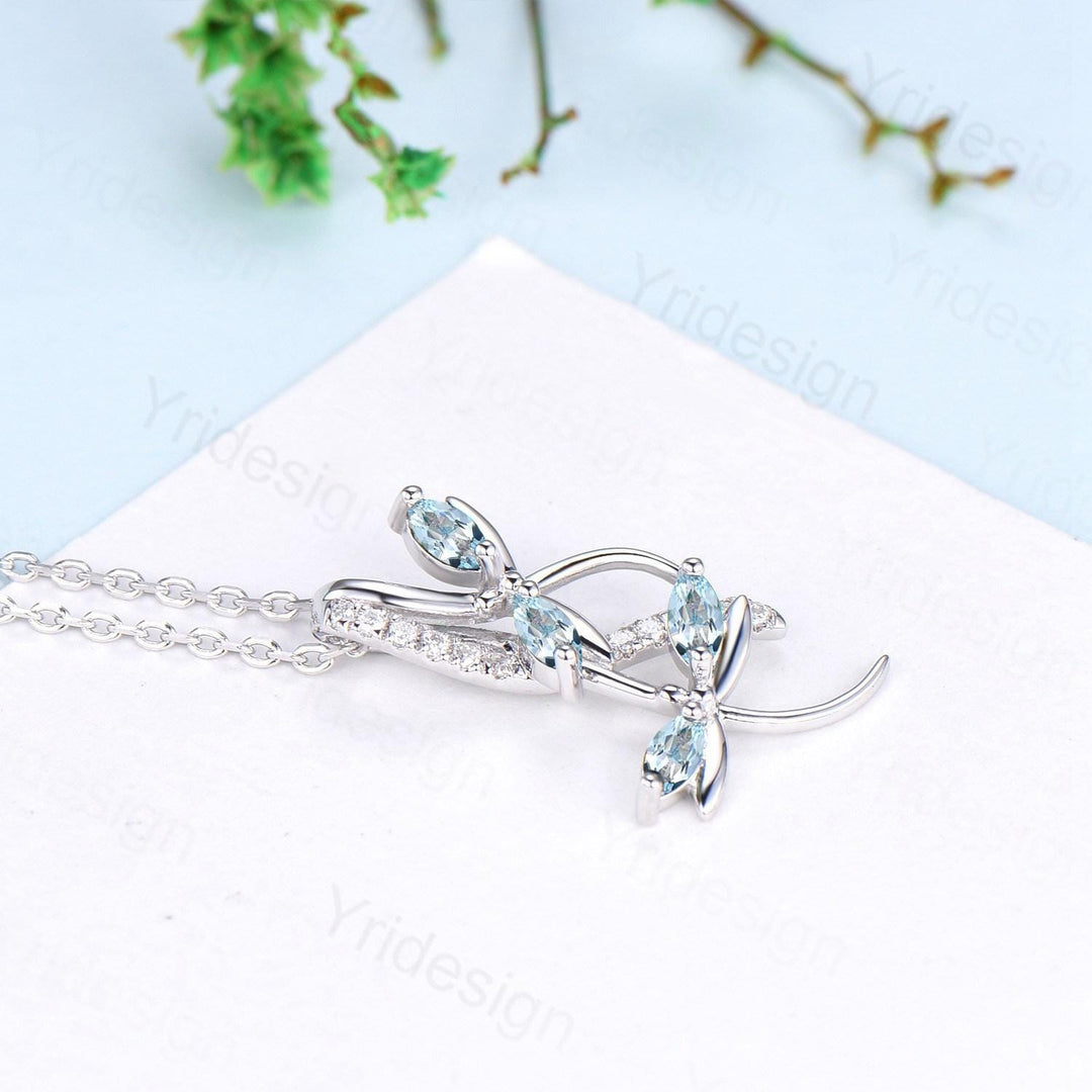 Nature Inspired Aquamarine Necklace Unique Marquise March Birthstone Dragonfly Accompany Necklace Pendant Necklace Unique Anniversary Gift - PENFINE