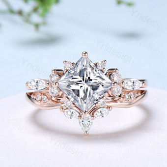 Vintage 2CT Princess Cut Moissanite Engagement Ring Cluster Moissanite Diamond Wedding Ring Set 2pcs Bridal Ring 14K Rose Gold Bridal Set - PENFINE