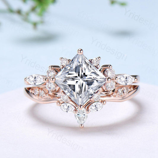 Vintage 2CT Princess Cut Moissanite Engagement Ring Cluster Moissanite Diamond Wedding Ring Set 2pcs Bridal Ring 14K Rose Gold Bridal Set - PENFINE