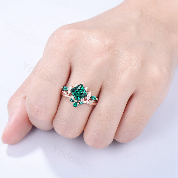 Vintage 2CT Princess Cut Emerald Engagement Ring Cluster Marquise Green Gemstone Wedding Ring Set 2pcs Bridal Anniversary Ring 14K Rose Gold - PENFINE