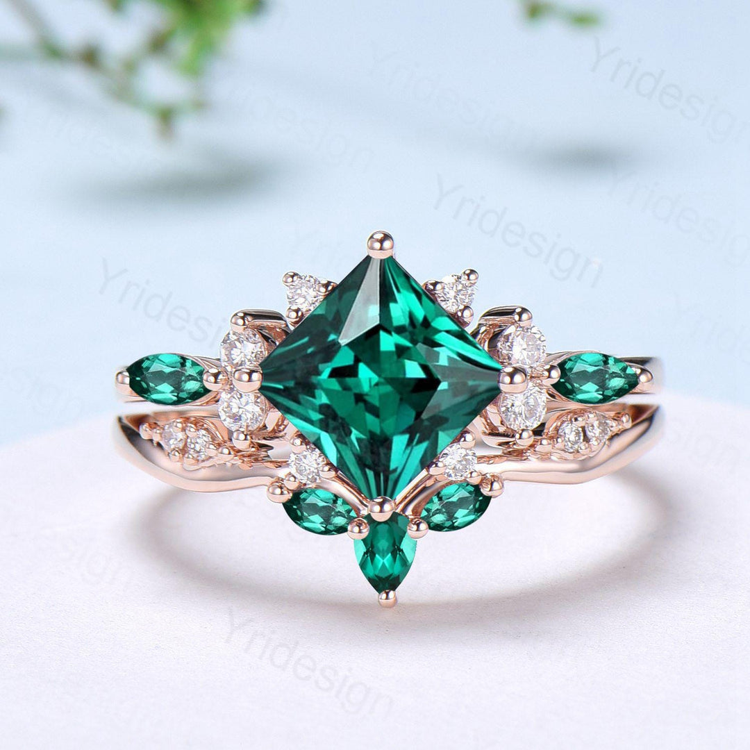 Vintage 2CT Princess Cut Emerald Engagement Ring Cluster Marquise Green Gemstone Wedding Ring Set 2pcs Bridal Anniversary Ring 14K Rose Gold - PENFINE