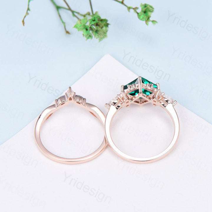 Vintage 2CT Princess Cut Emerald Engagement Ring Cluster Marquise Green Gemstone Wedding Ring Set 2pcs Bridal Anniversary Ring 14K Rose Gold - PENFINE