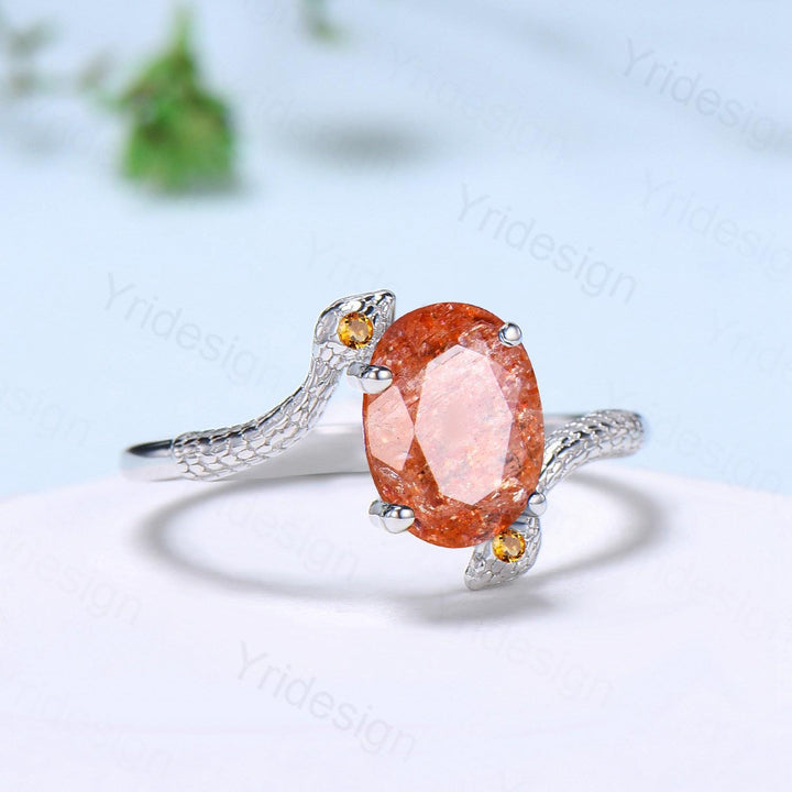 Unique Snake sunstone engagement ring oval cut cold-blooded citrine three stone wedding ring women anniversary promise gift for daughter - PENFINE