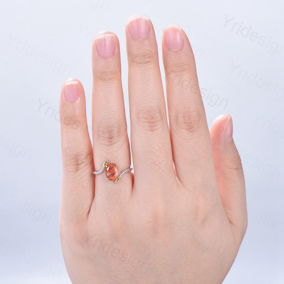 Unique Snake sunstone engagement ring oval cut cold-blooded citrine three stone wedding ring women anniversary promise gift for daughter - PENFINE