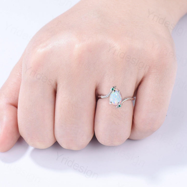 Unique Snake white fire opal engagement ring cold-blooded pear shaped opal emerald three stone wedding ring women anniversary promise gift - PENFINE