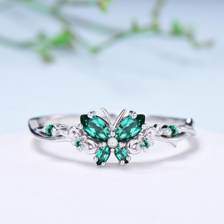 Vintage Butterfly Emerald Engagement Ring Unique marquise cut green gemstone silver white gold flower promise ring anniversary gift women - PENFINE
