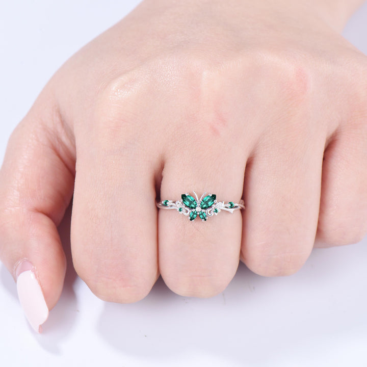 Vintage Butterfly Emerald Engagement Ring Unique marquise cut green gemstone silver white gold flower promise ring anniversary gift women - PENFINE