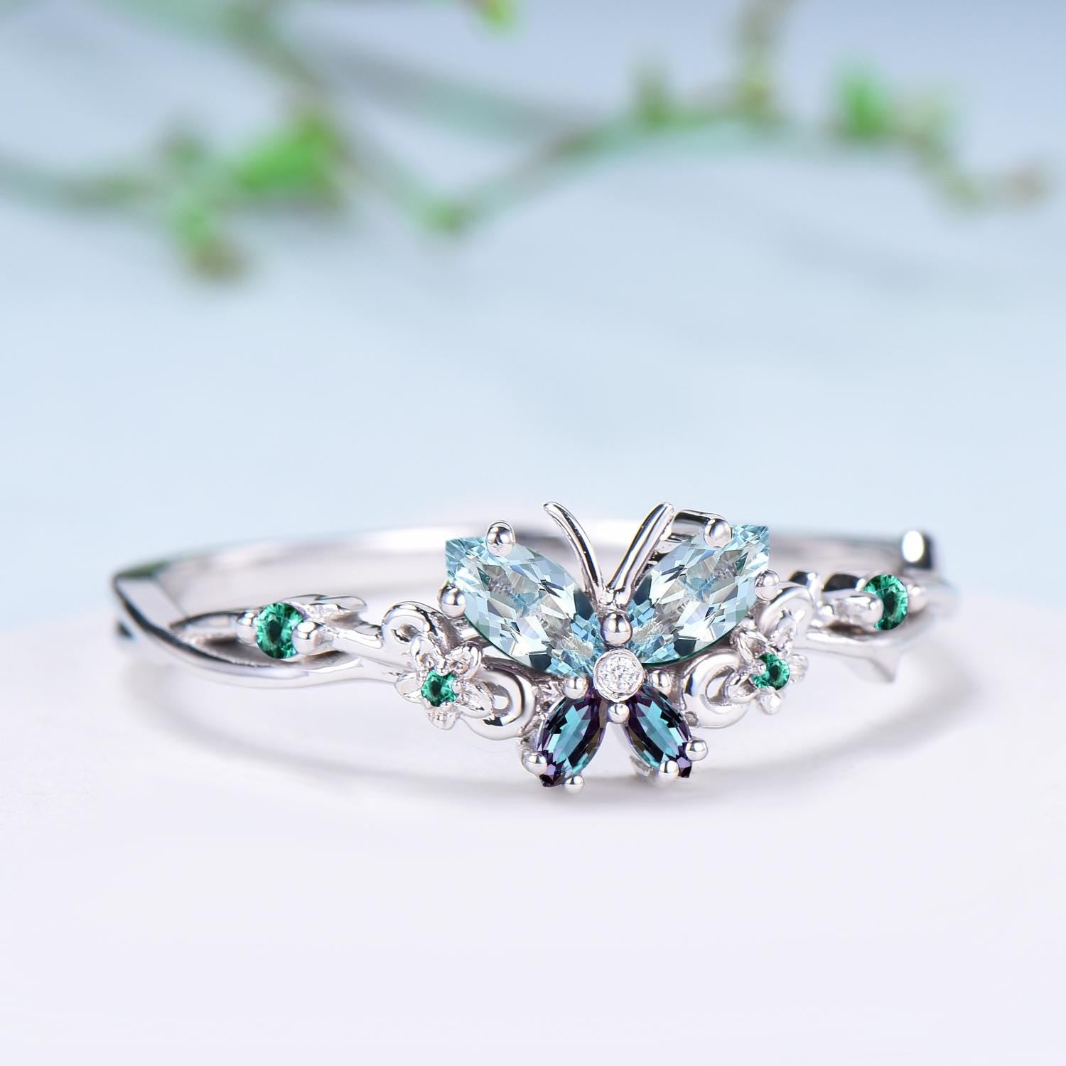 Vintage Butterfly Aquamarine Engagement Ring, Alexandrite Emerald Floral Design - PENFINE