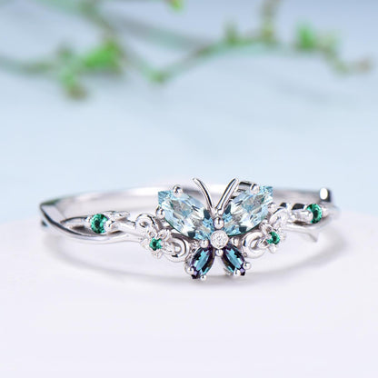 Vintage Butterfly Aquamarine Engagement Ring, Alexandrite Emerald Floral Design - PENFINE