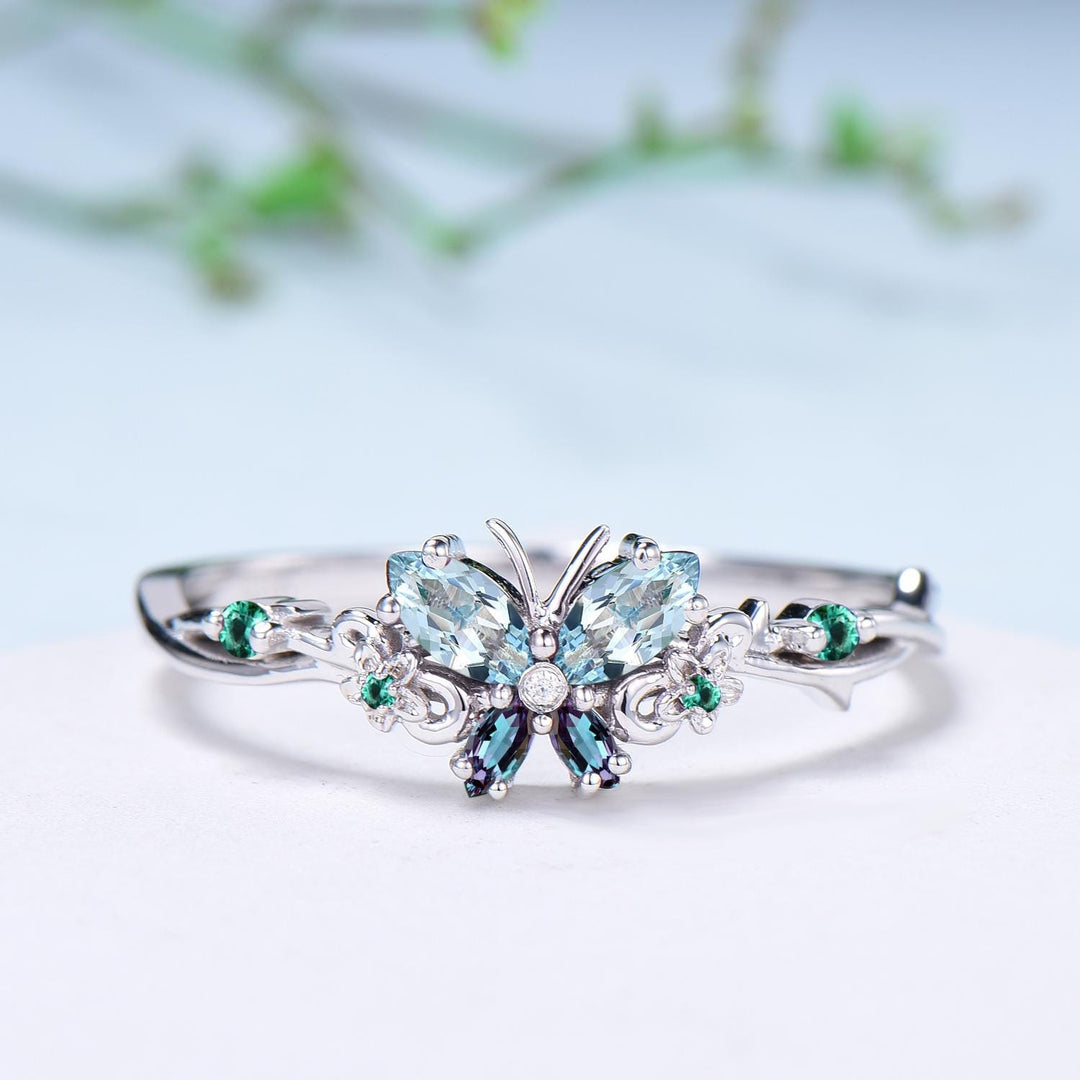 Vintage Butterfly Aquamarine Engagement Ring, Alexandrite Emerald Floral Design - PENFINE