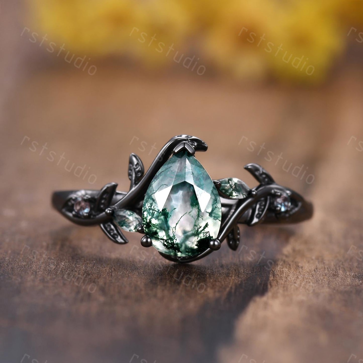 Vintage Moss Agate Couple Ring Set: Black Gold Wedding Bands