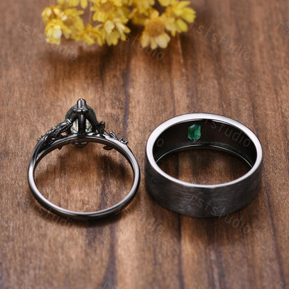 Vintage Moss Agate Couple Ring Set: Black Gold Wedding Bands