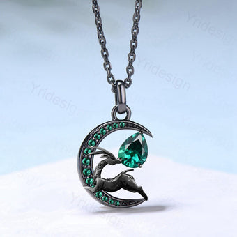 Deer in the Deep Forest Black Gold Necklace Magic Crescent Moon Emerald Necklace Gothic Pendant Necklace Unique Necklace Anniversary Gifts - PENFINE