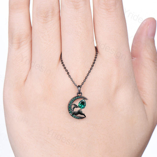 Deer in the Deep Forest Black Gold Necklace Magic Crescent Moon Emerald Necklace Gothic Pendant Necklace Unique Necklace Anniversary Gifts - PENFINE
