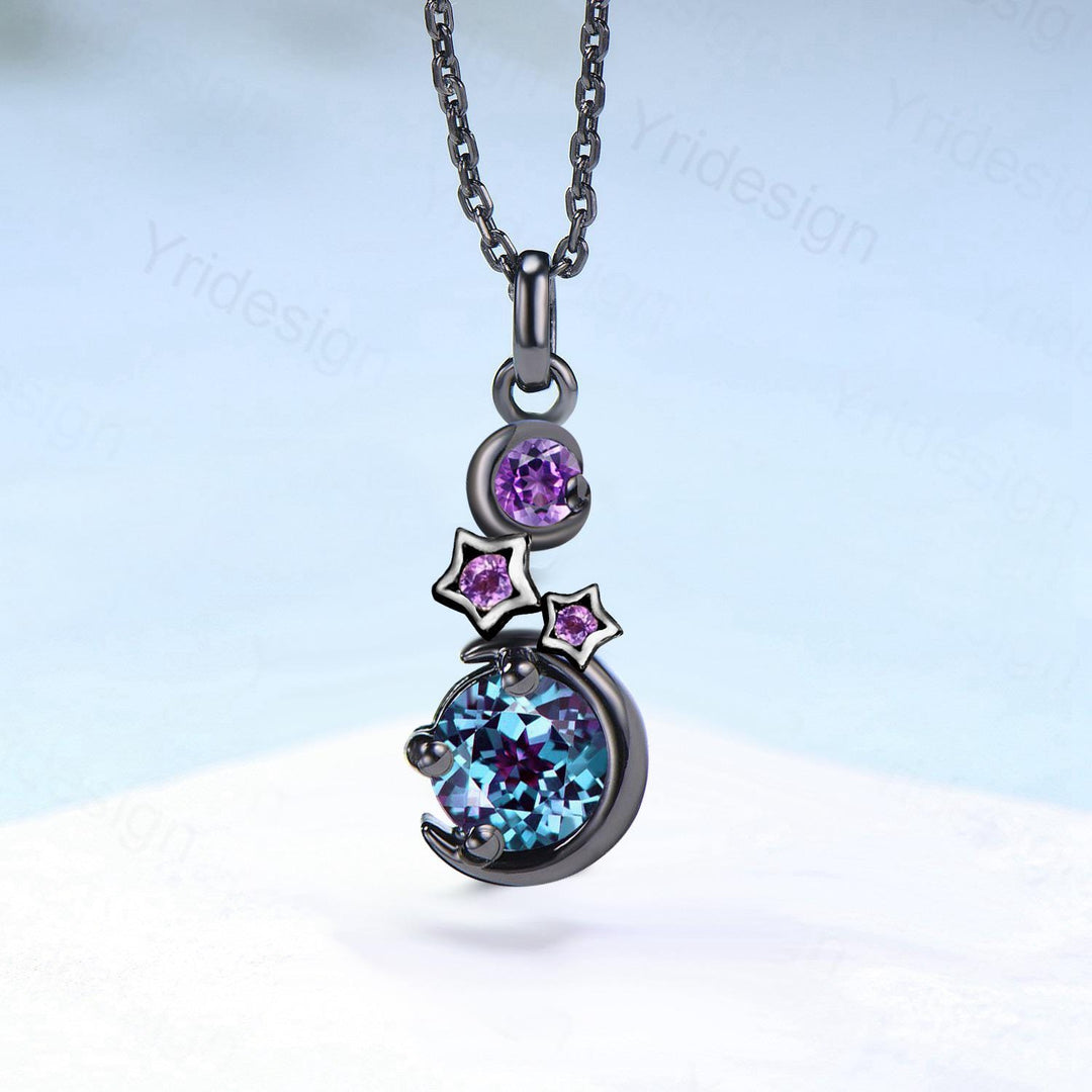 Unique Moon Star Necklace Black Gold Alexandrite Necklace Amethyst Pendant Necklace Halloween Gothic Promise Anniversary gift for daughter - PENFINE