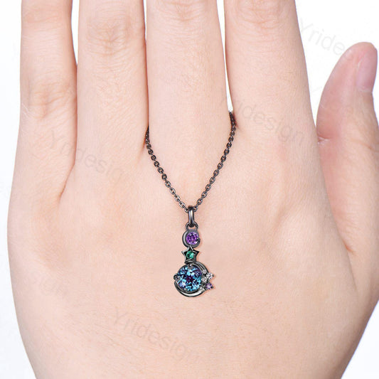 Unique Black Gold Alexandrite Necklace Cluster Amethyst Moissanite Pendant Necklace Emerald Gothic Promise Anniversary gift for daughter - PENFINE
