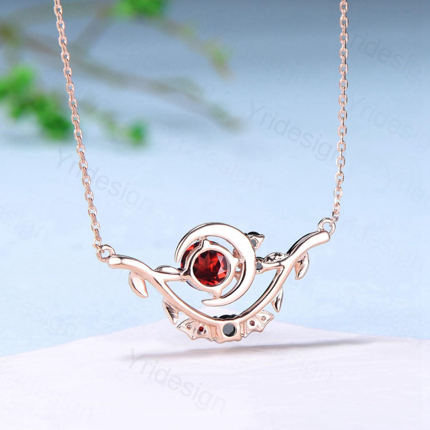 Unique Round Garnet Pendant Necklace Night Moon Bat blood Necklace Magic Crescent Moon Leaf Branch Necklace Spinel Anniversary gift Women - PENFINE