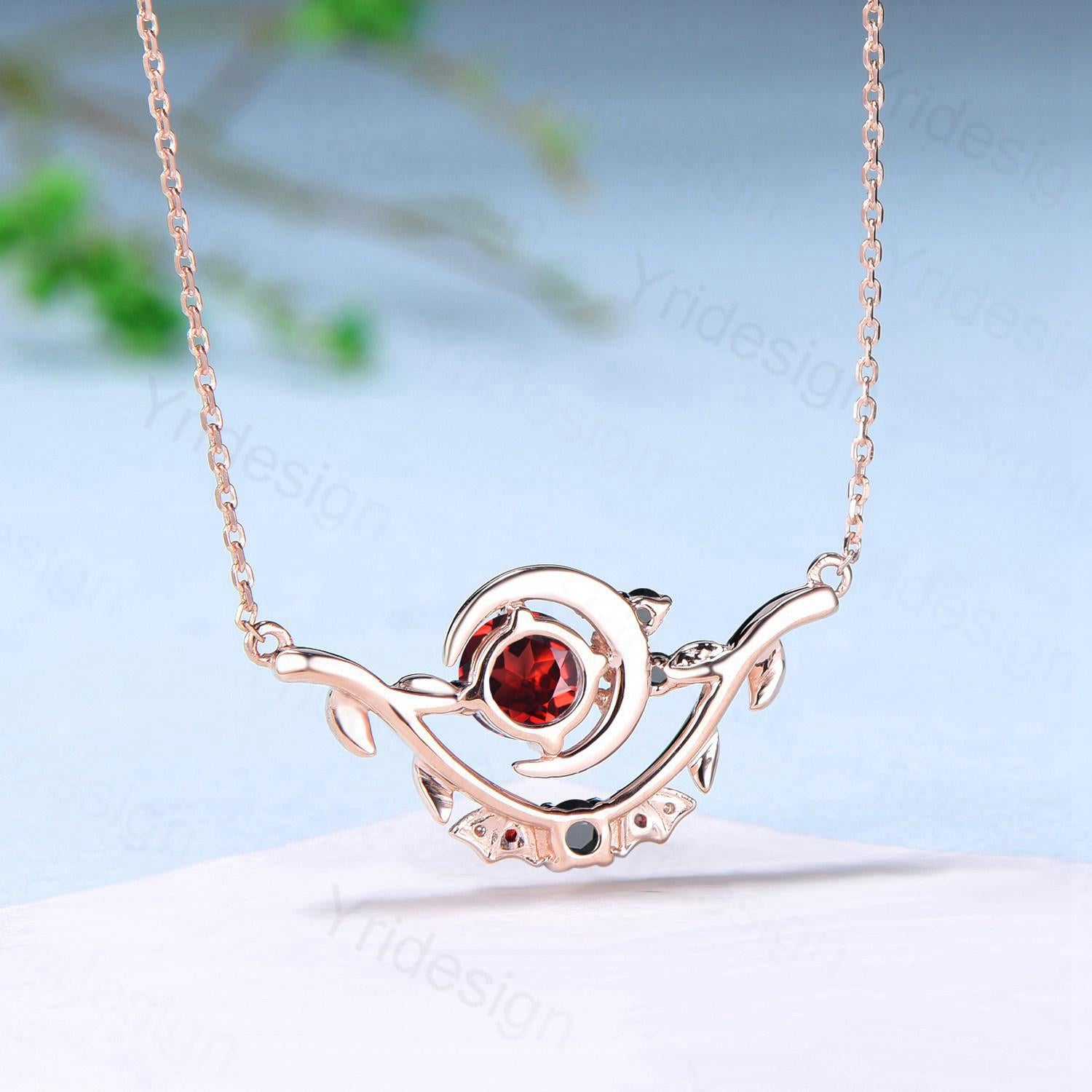 Unique Round Garnet Pendant Necklace Night Moon Bat blood Necklace Magic Crescent Moon Leaf Branch Necklace Spinel Anniversary gift Women - PENFINE