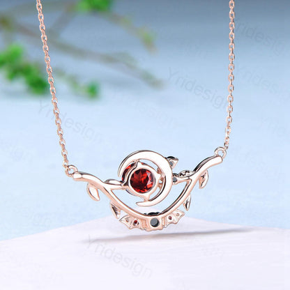 Unique Round Garnet Pendant Necklace Night Moon Bat blood Necklace Magic Crescent Moon Leaf Branch Necklace Spinel Anniversary gift Women - PENFINE