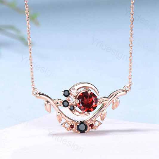 Unique Round Garnet Pendant Necklace Night Moon Bat blood Necklace Magic Crescent Moon Leaf Branch Necklace Spinel Anniversary gift Women - PENFINE