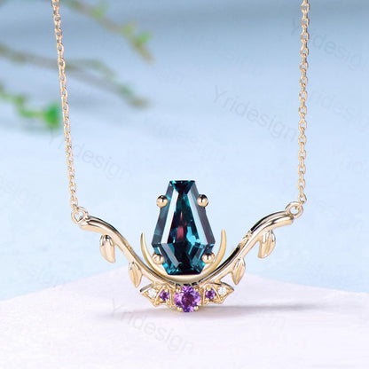 Unique Coffin Cut Alexandrite Pendant Necklace Night Moon Bat Necklace Amethyst Leaf Vine Branch Necklace Halloween Anniversary gift Women - PENFINE