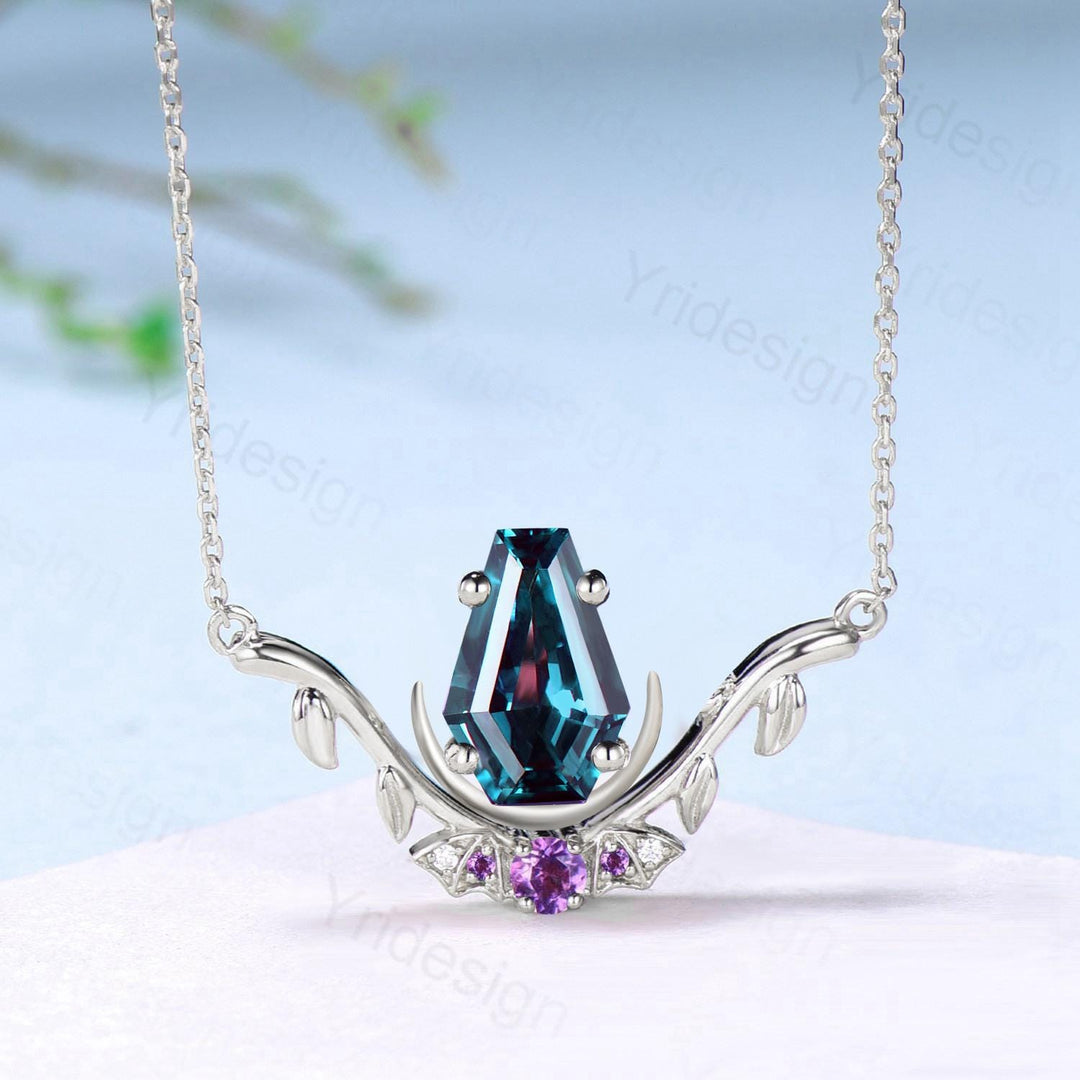 Unique Coffin Cut Alexandrite Pendant Necklace Night Moon Bat Necklace Amethyst Leaf Vine Branch Necklace Halloween Anniversary gift Women - PENFINE