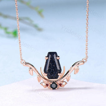 Unique Coffin Cut Blue Sandstone Pendant Necklace Night Moon Bat Necklace Garnet Spinel Leaf Vine Branch Necklace Anniversary gift for Women - PENFINE