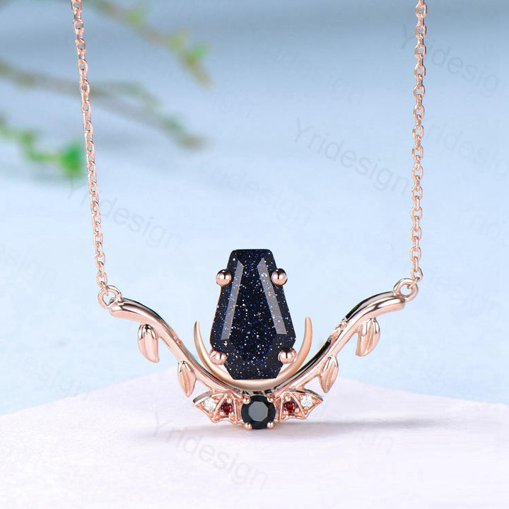 Unique Coffin Cut Blue Sandstone Pendant Necklace Night Moon Bat Necklace Garnet Spinel Leaf Vine Branch Necklace Anniversary gift for Women - PENFINE