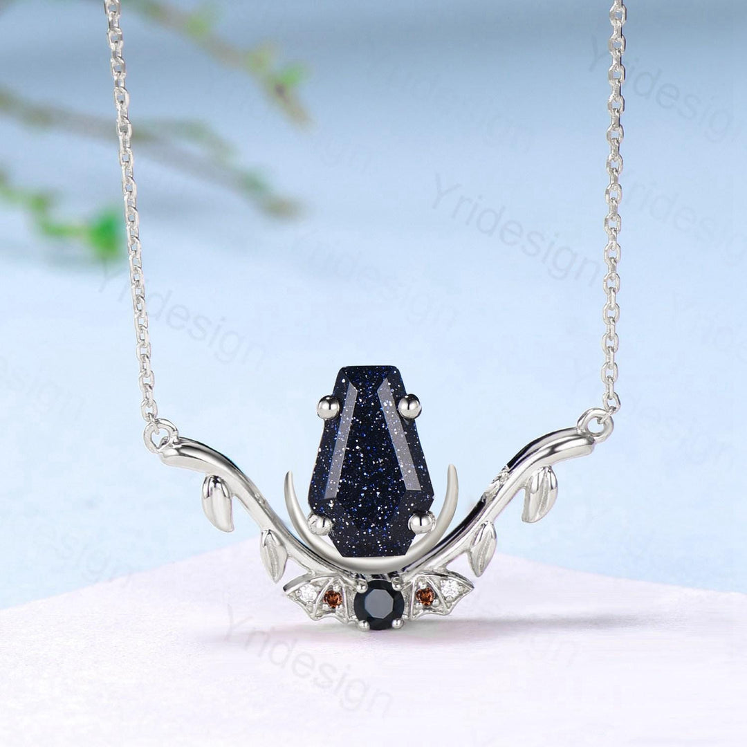 Unique Coffin Cut Blue Sandstone Pendant Necklace Night Moon Bat Necklace Garnet Spinel Leaf Vine Branch Necklace Anniversary gift for Women - PENFINE