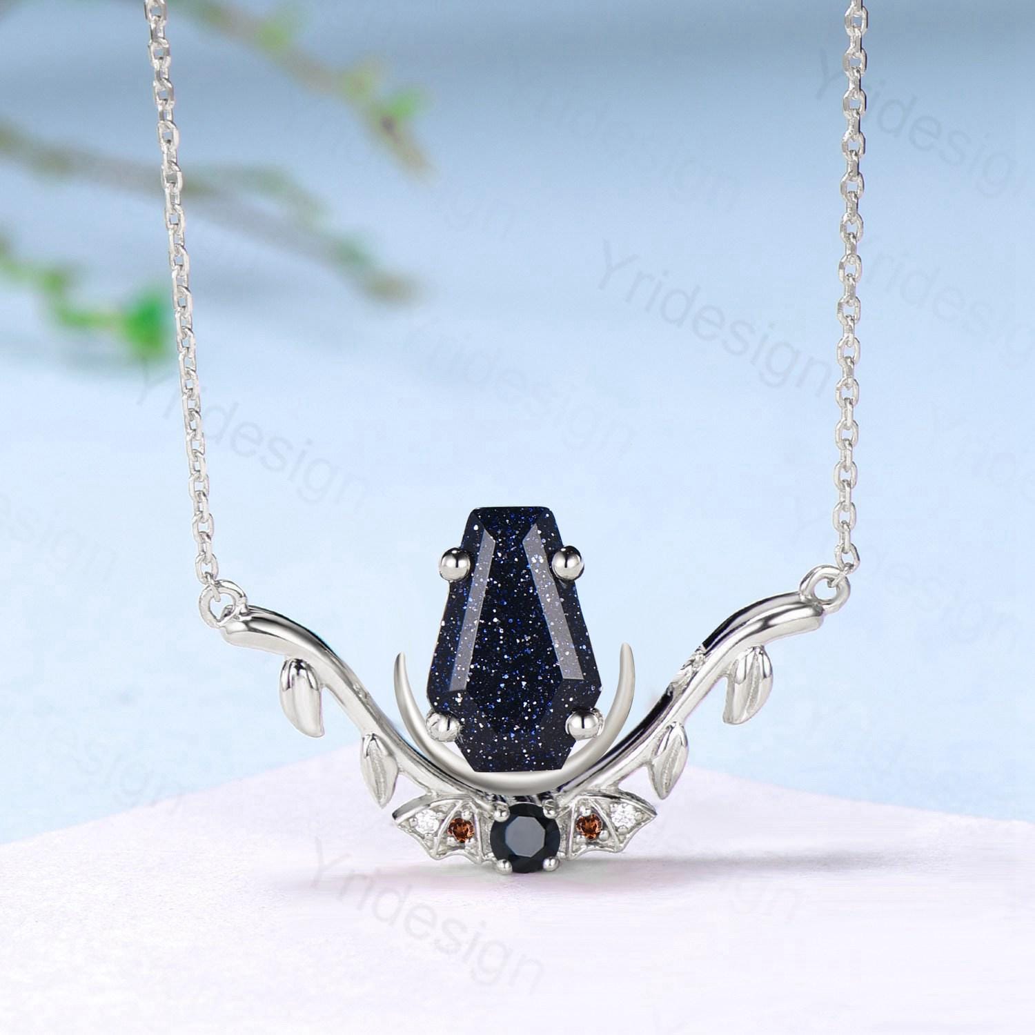 Unique Coffin Cut Blue Sandstone Pendant Necklace Night Moon Bat Necklace Garnet Spinel Leaf Vine Branch Necklace Anniversary gift for Women - PENFINE