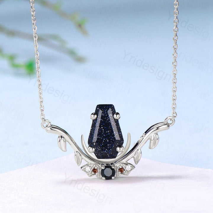 Unique Coffin Cut Blue Sandstone Pendant Necklace Night Moon Bat Necklace Garnet Spinel Leaf Vine Branch Necklace Anniversary gift for Women - PENFINE