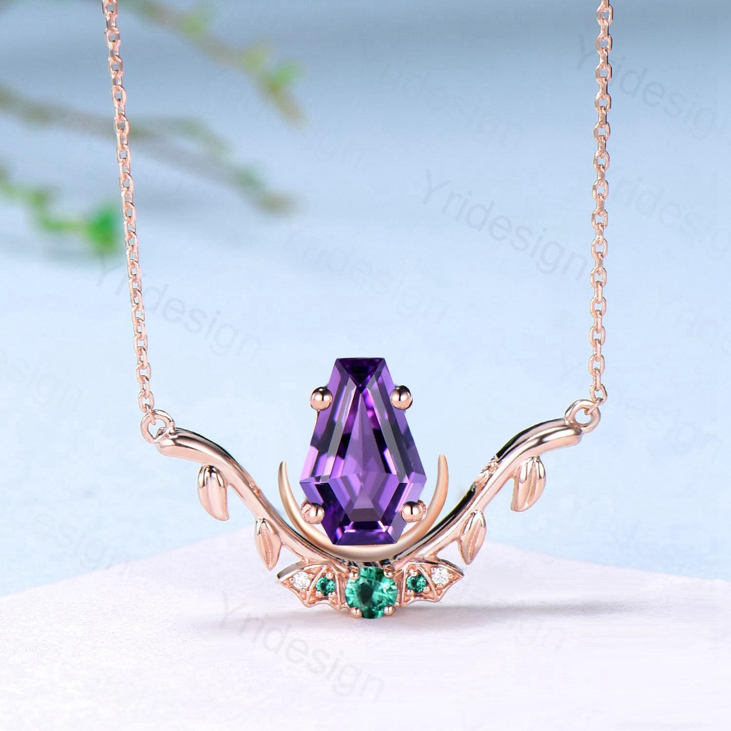 Unique Coffin Cut Amethyst Pendant Necklace Night Moon Bat Necklace Emerald Leaf Vine Branch Necklace Art Deco Anniversary gift for Women - PENFINE