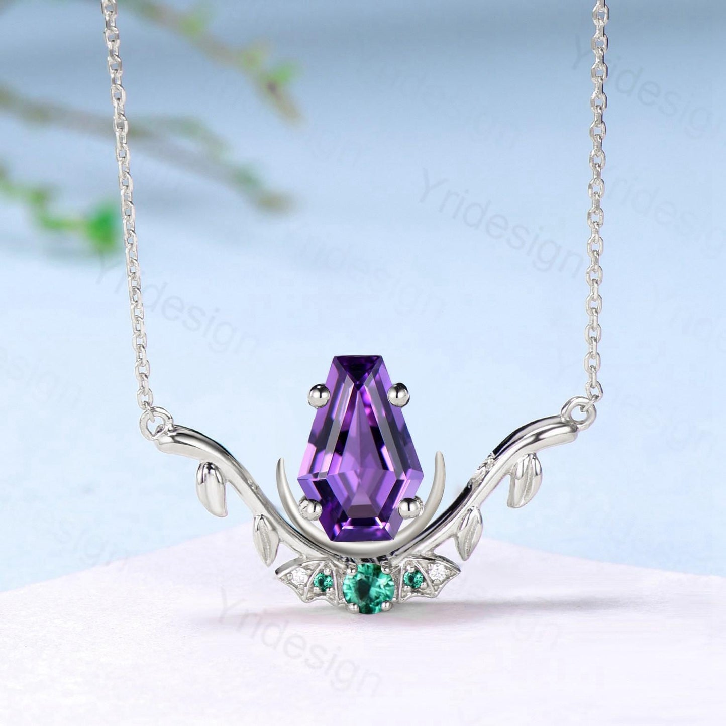 Unique Coffin Cut Amethyst Pendant Necklace Night Moon Bat Necklace Emerald Leaf Vine Branch Necklace Art Deco Anniversary gift for Women - PENFINE