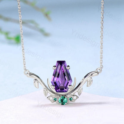 Unique Coffin Cut Amethyst Pendant Necklace Night Moon Bat Necklace Emerald Leaf Vine Branch Necklace Art Deco Anniversary gift for Women - PENFINE