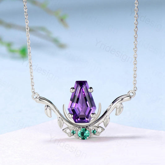 Unique Coffin Cut Amethyst Pendant Necklace Night Moon Bat Necklace Emerald Leaf Vine Branch Necklace Art Deco Anniversary gift for Women - PENFINE