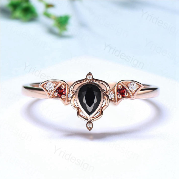 Unique Teardrop Black Onyx Ring Lotus Bat Art Deco Onyx Garnet Engagement Ring Vintage Handmade Anniversary Proposal Gifts For Daughter - PENFINE