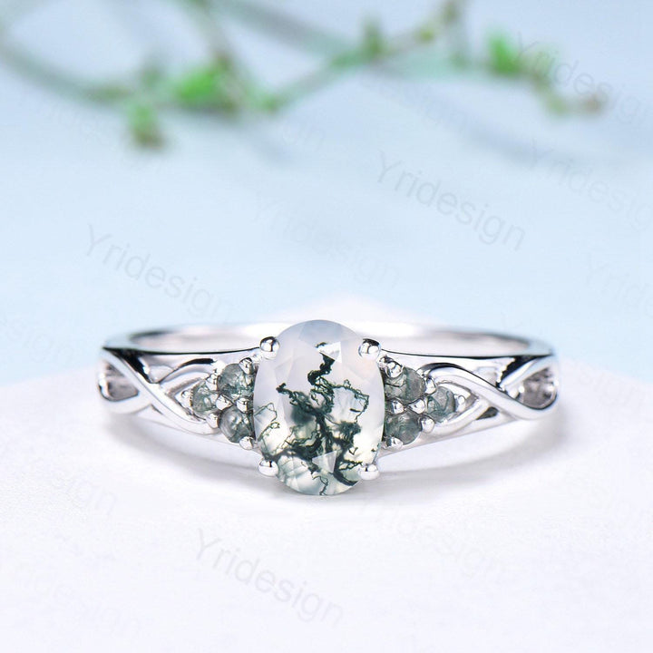 Celtic Knot Oval Natural Moss Agate Engagement Ring Solid 14K/18K White Gold Unique Infinity Ring Cluster Wedding Ring Anniversary gifts - PENFINE
