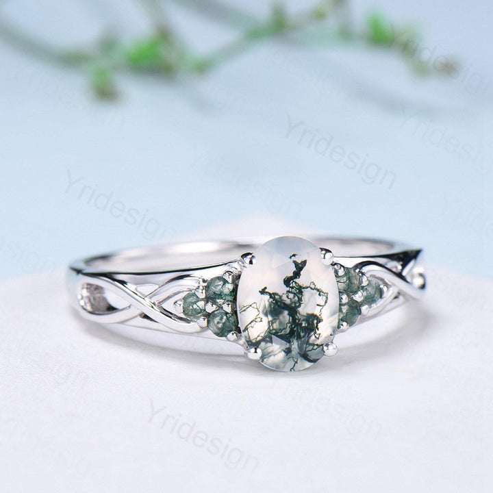 Celtic Knot Oval Natural Moss Agate Engagement Ring Solid 14K/18K White Gold Unique Infinity Ring Cluster Wedding Ring Anniversary gifts - PENFINE