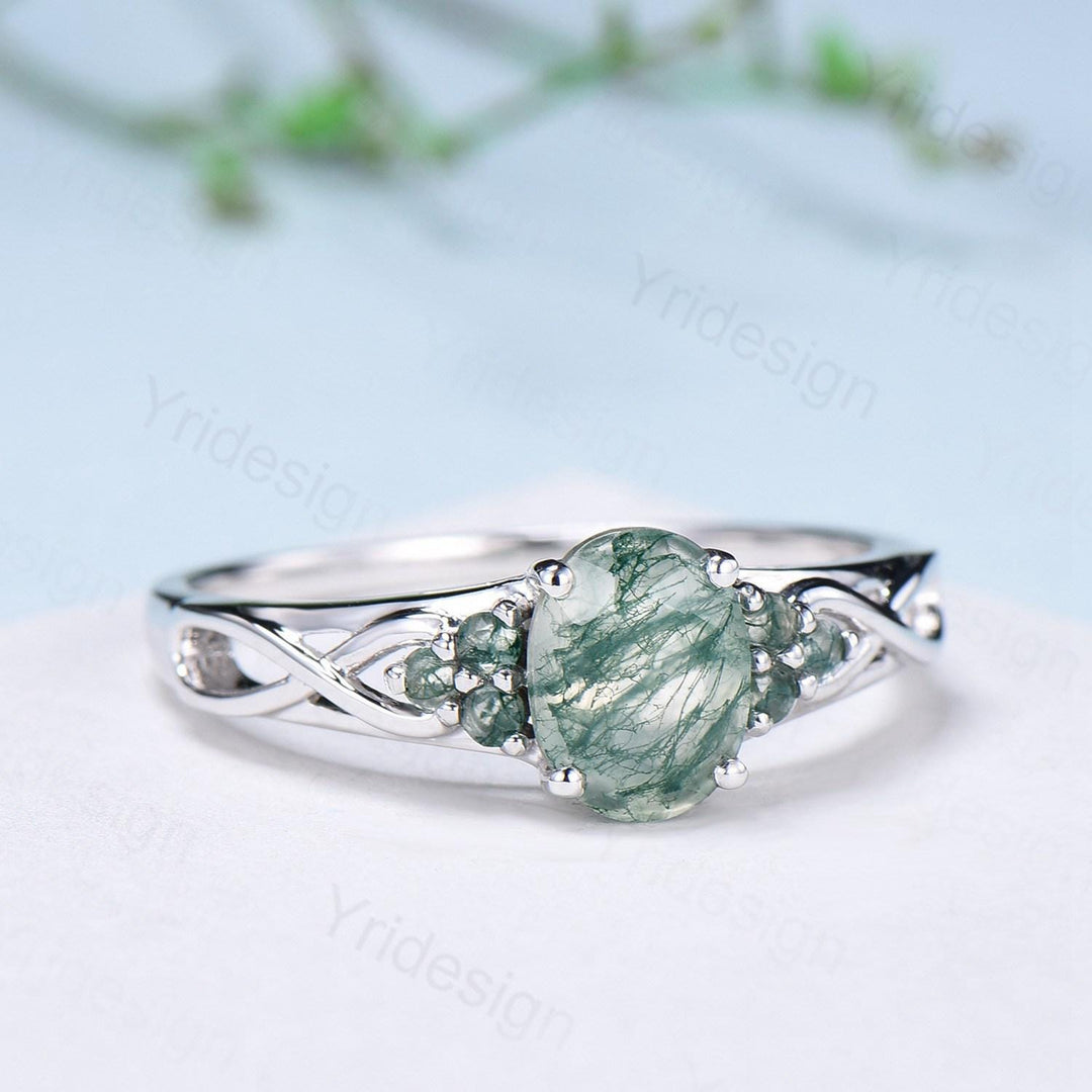 Celtic Knot Oval Natural Moss Agate Engagement Ring Solid 14K/18K White Gold Unique Infinity Ring Cluster Wedding Ring Anniversary gifts - PENFINE