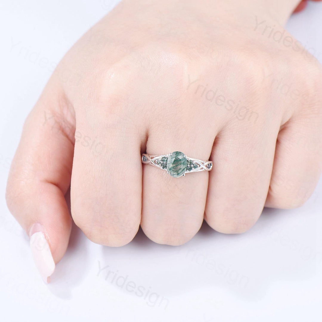 Celtic Knot Oval Natural Moss Agate Engagement Ring Solid 14K/18K White Gold Unique Infinity Ring Cluster Wedding Ring Anniversary gifts - PENFINE