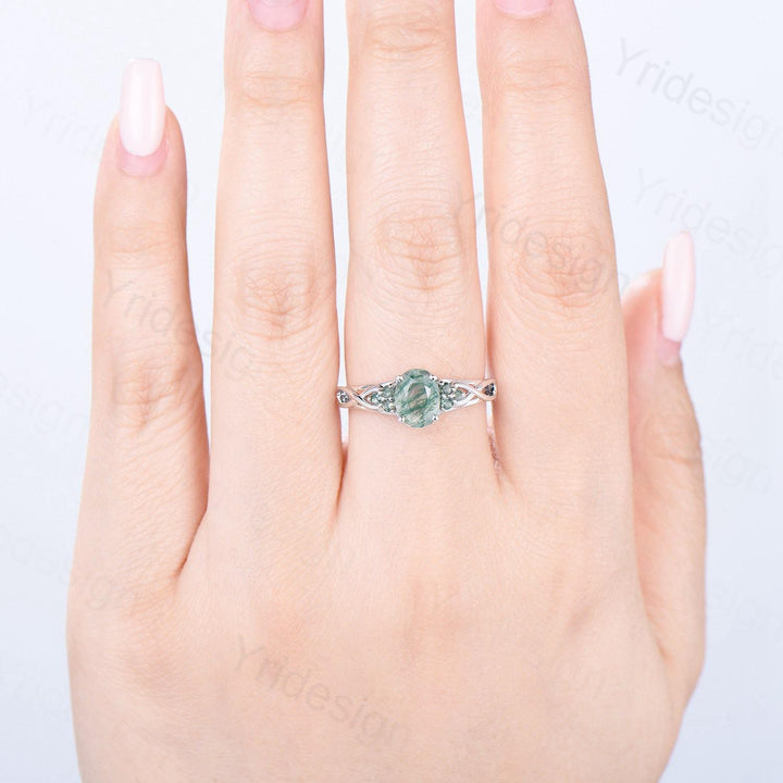 Celtic Knot Oval Natural Moss Agate Engagement Ring Solid 14K/18K White Gold Unique Infinity Ring Cluster Wedding Ring Anniversary gifts - PENFINE