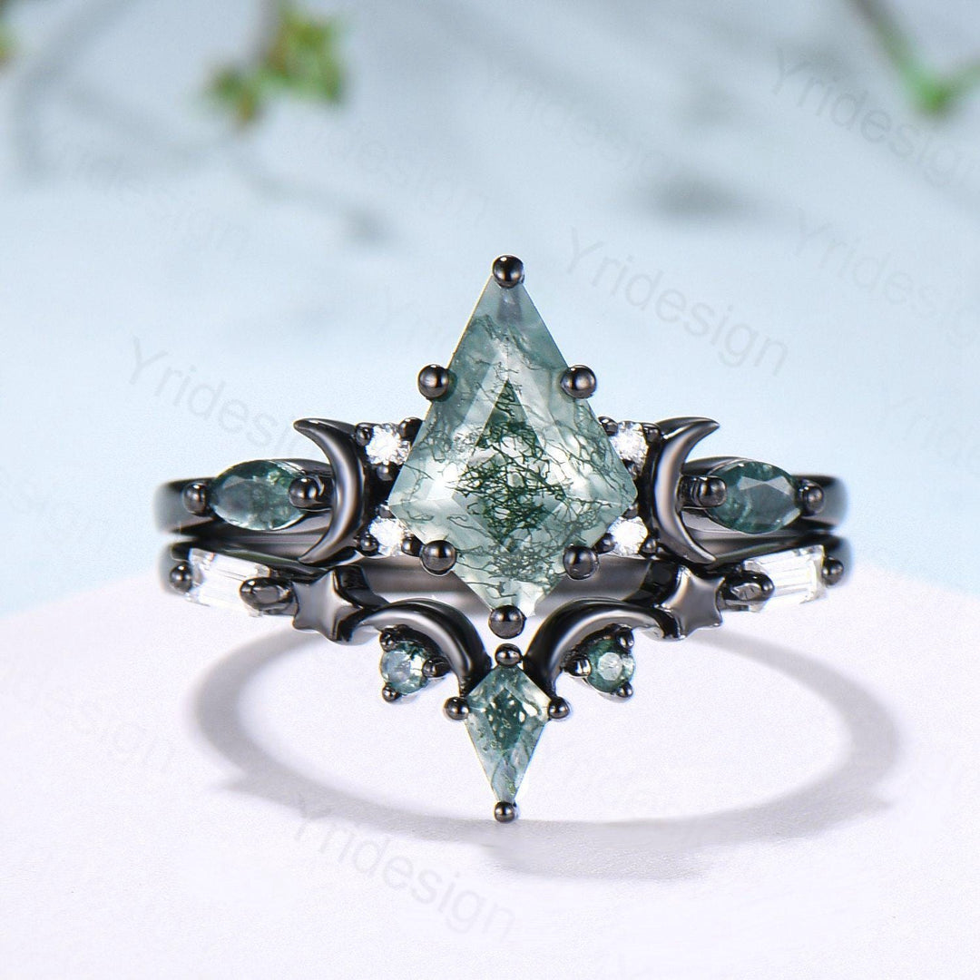 Black gold kite cut moss agate ring Unique crescent moon star engagement ring art deco delicate bridal wedding set handmade anniversary gift - PENFINE