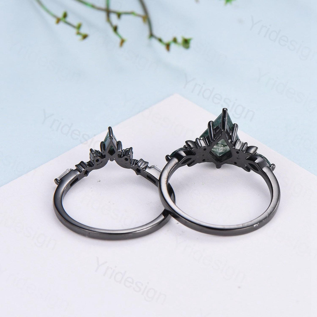 Black gold kite cut moss agate ring Unique crescent moon star engagement ring art deco delicate bridal wedding set handmade anniversary gift - PENFINE