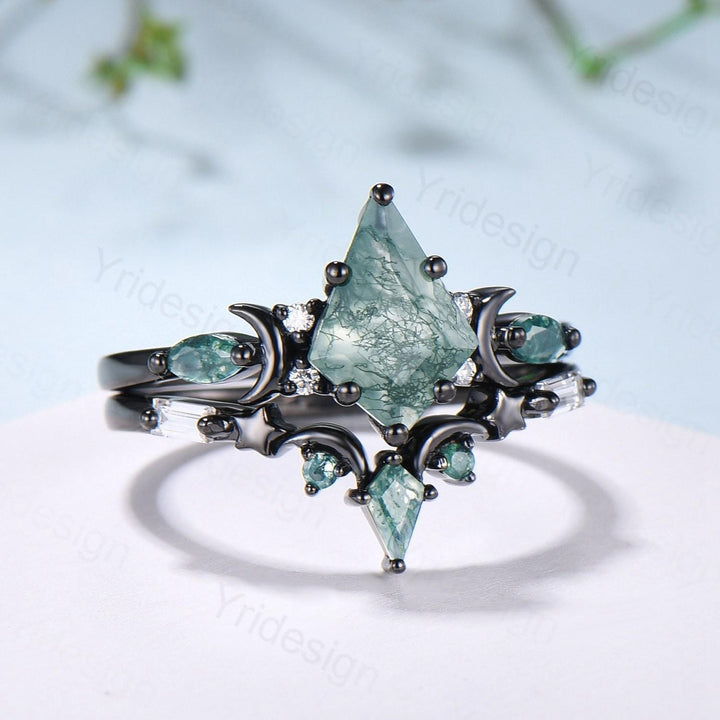 Black gold kite cut moss agate ring Unique crescent moon star engagement ring art deco delicate bridal wedding set handmade anniversary gift - PENFINE