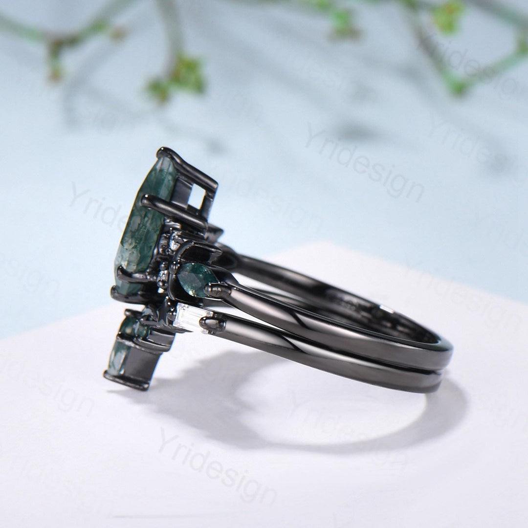 Black gold kite cut moss agate ring Unique crescent moon star engagement ring art deco delicate bridal wedding set handmade anniversary gift - PENFINE