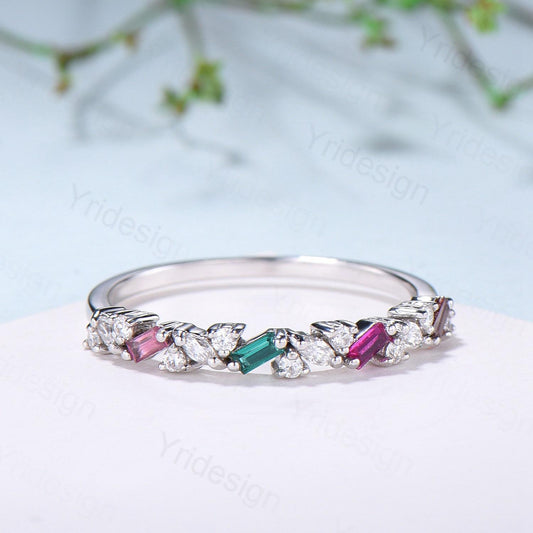 Vintage Emerald Ruby Eternity Wedding Band Women Unique Baguette Garnet Stackable Promise Ring Marquise Matching Band Anniversary Gift Women - PENFINE