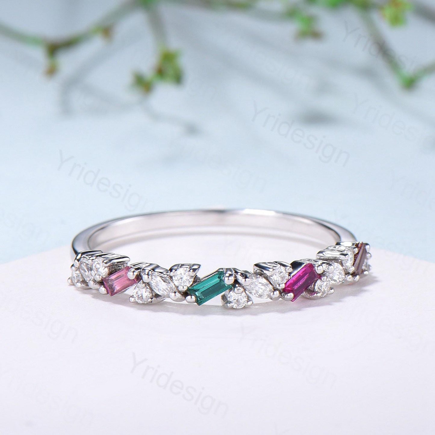 Vintage Emerald Ruby Eternity Wedding Band Women Unique Baguette Garnet Stackable Promise Ring Marquise Matching Band Anniversary Gift Women - PENFINE