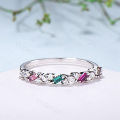 Vintage Emerald Ruby Eternity Wedding Band Women Unique Baguette Garnet Stackable Promise Ring Marquise Matching Band Anniversary Gift Women - PENFINE