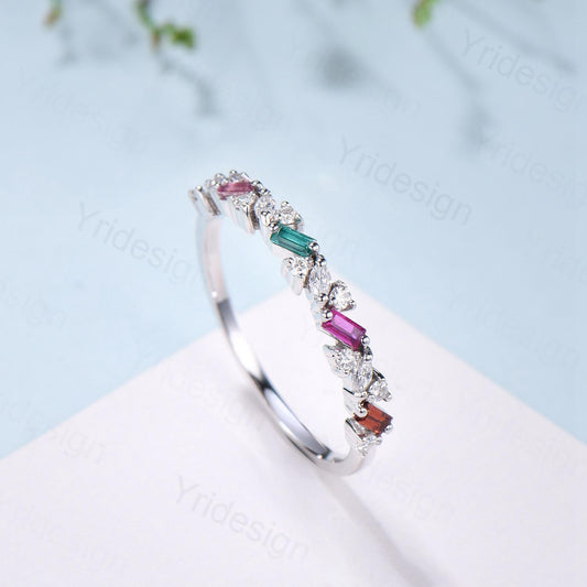Vintage Emerald Ruby Eternity Wedding Band Women Unique Baguette Garnet Stackable Promise Ring Marquise Matching Band Anniversary Gift Women - PENFINE